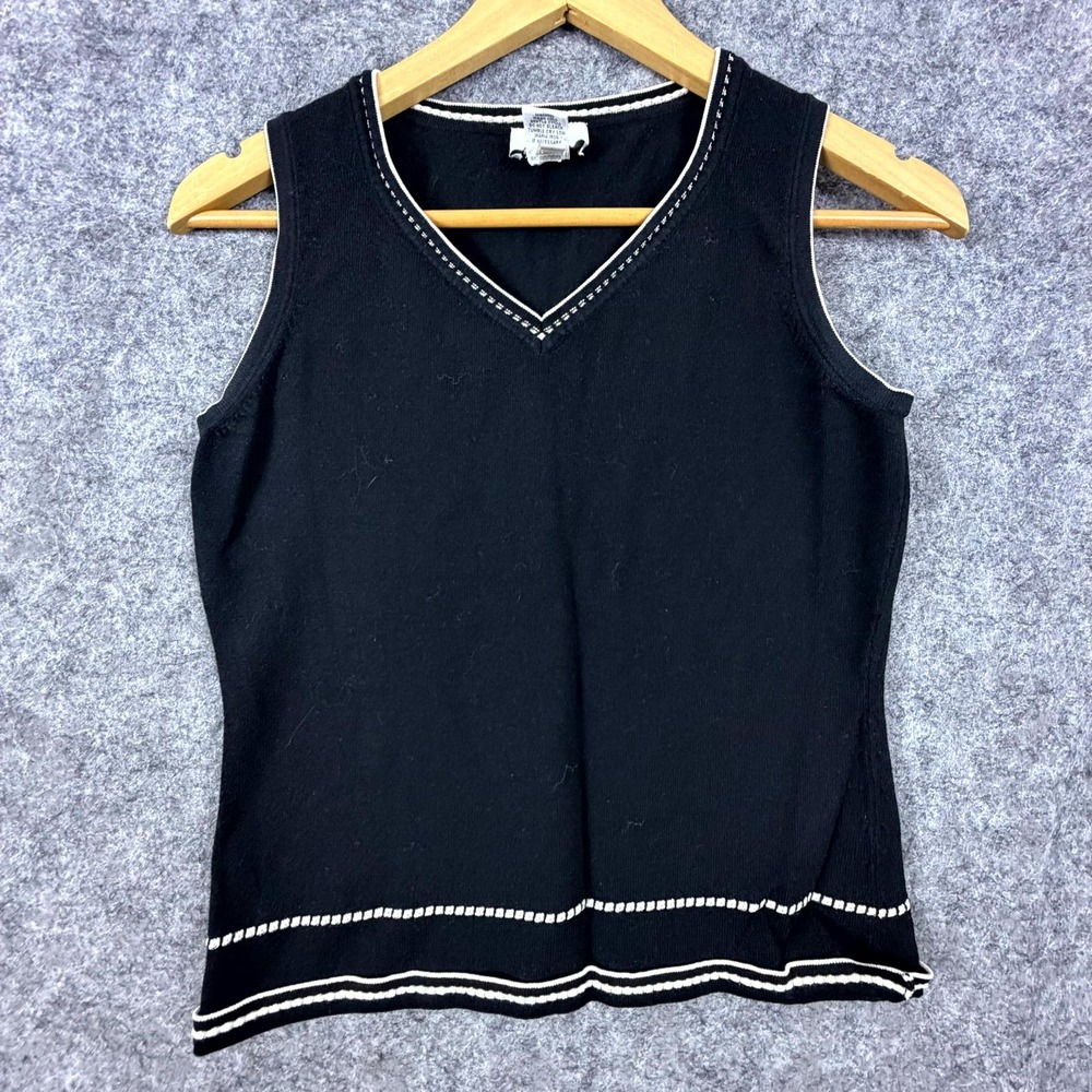 Ann Taylor LOFT Vest Sweater Womens Small Black White Trim Knit Pullover V-Neck